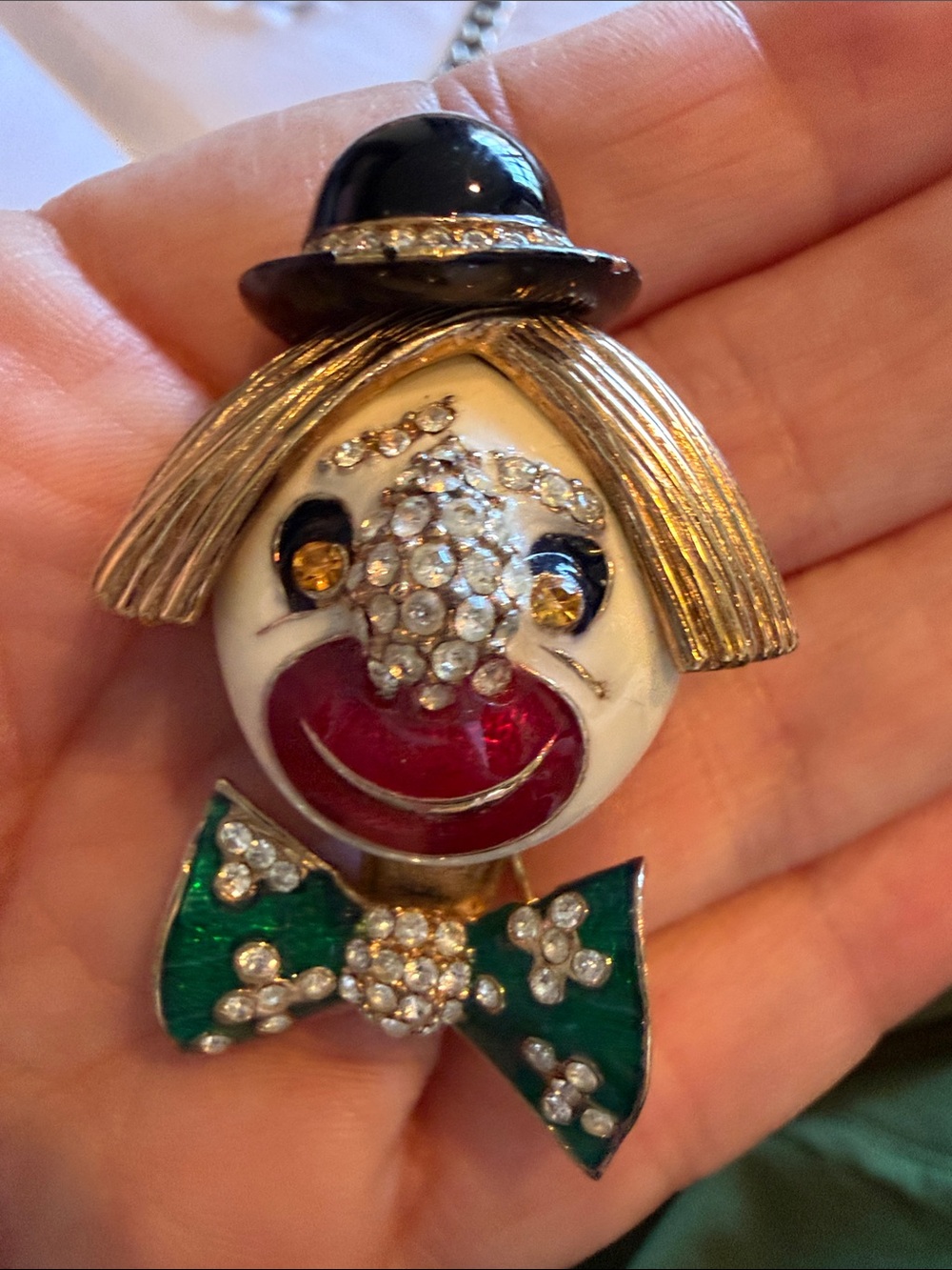 vintage ciner Clown Pin with Green Bow and Crystal Accents